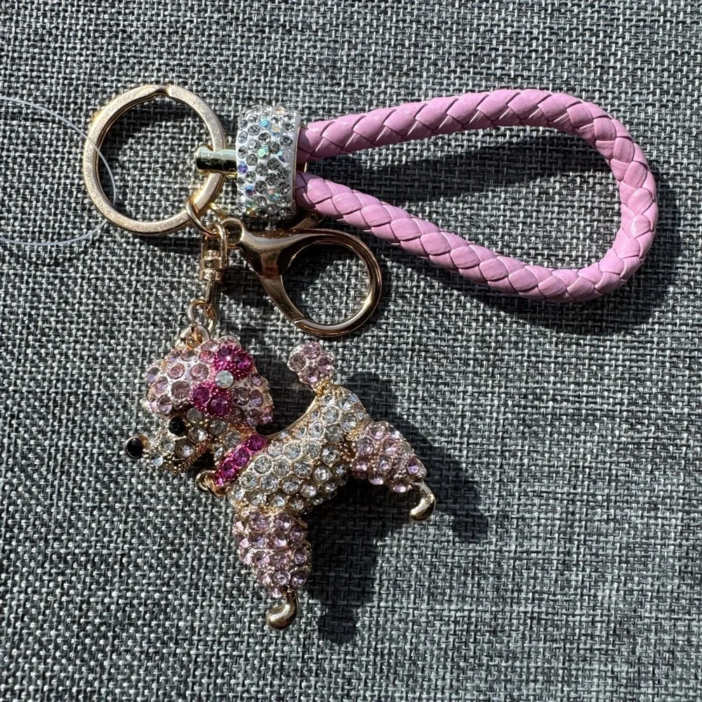 New Pink & Clear Rhinestone French Poodle Dog Gold Tone Purse Charm Keychain